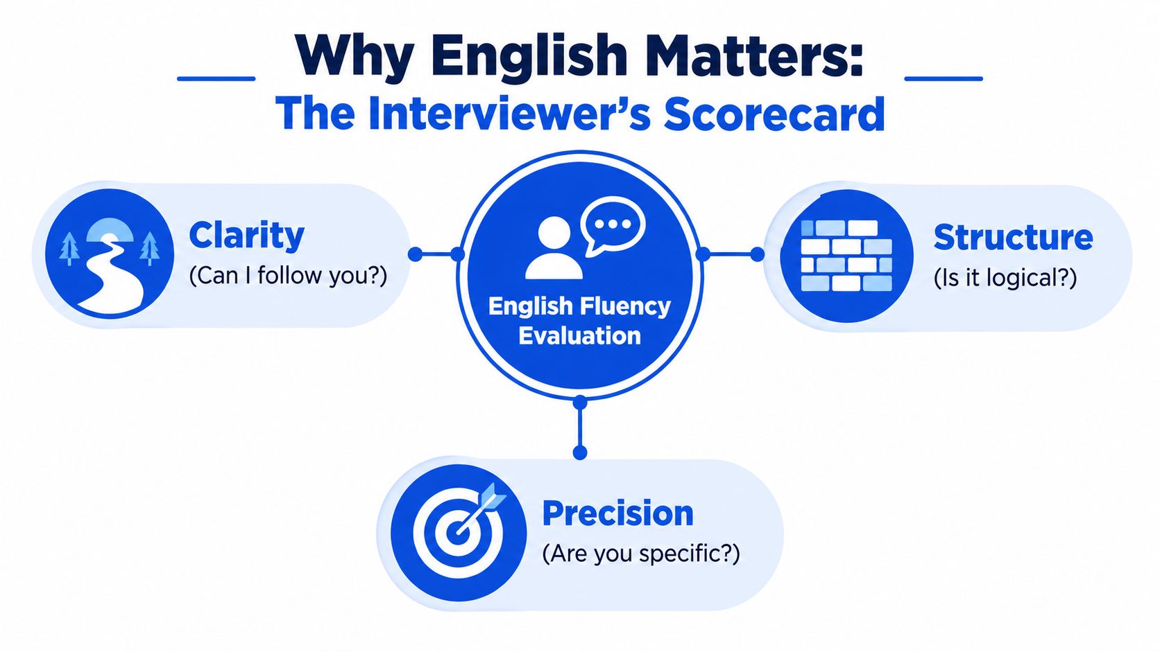 An infographic titled Why English Matters showcasing the three criteria for an English fluency evaluation scorecard.