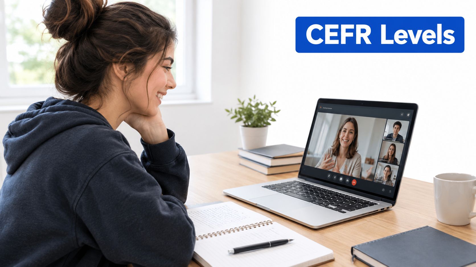 A young woman smiling while participating in a private English lesson online via a video conference call.