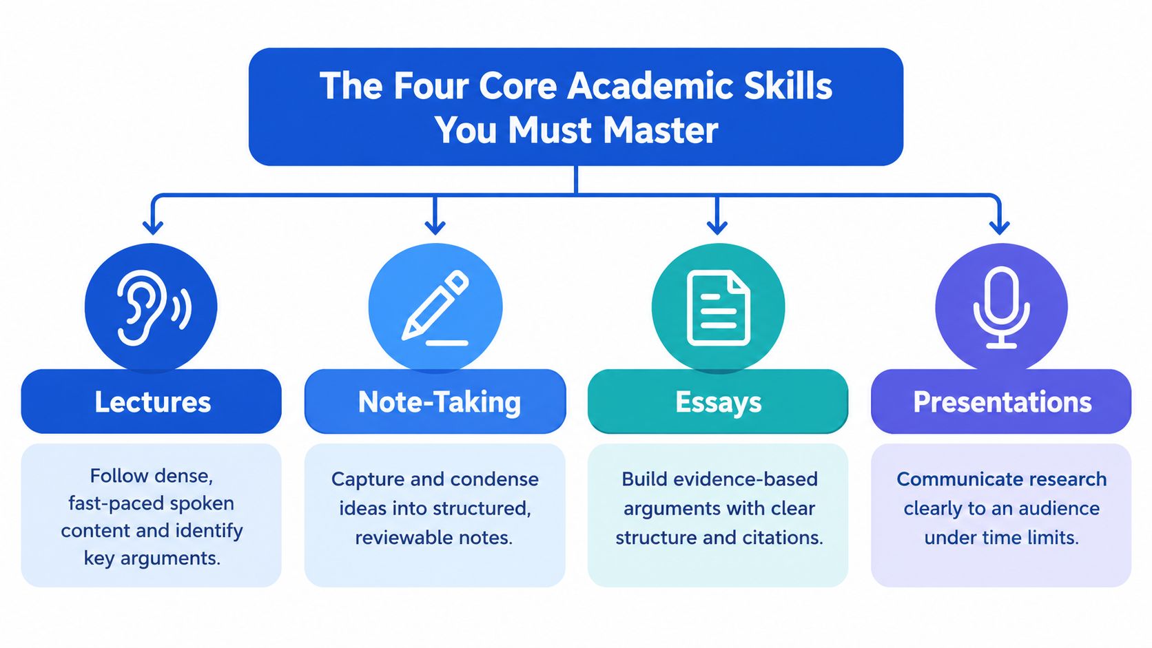 A diagram outlining the four essential academic skills: lectures, note-taking, essays, and presentations for university students.