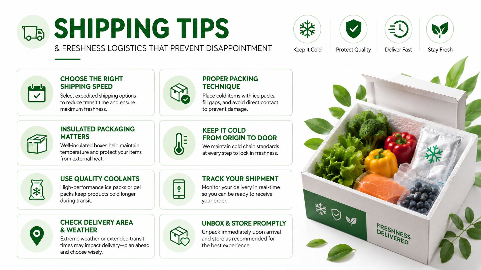 A professional infographic titled Shipping Tips featuring advice on how to keep food shipments fresh and cold.