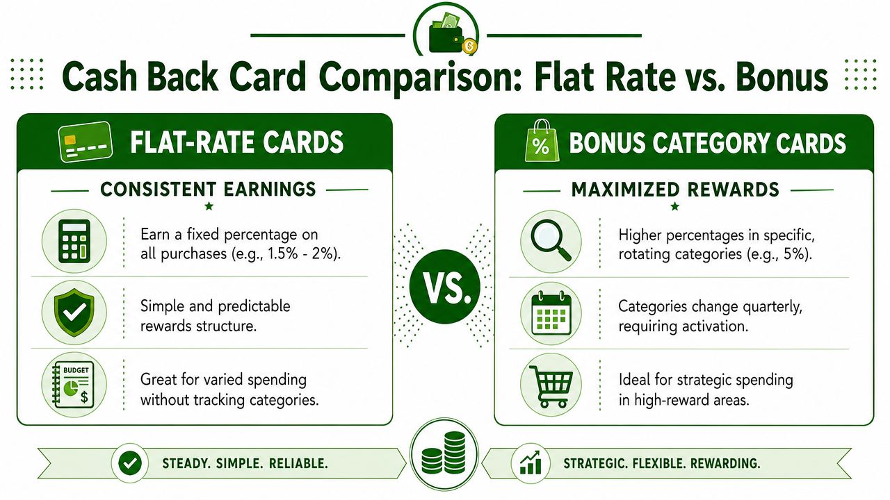 A comparison infographic between flat-rate cash back credit cards and bonus category reward credit cards.
