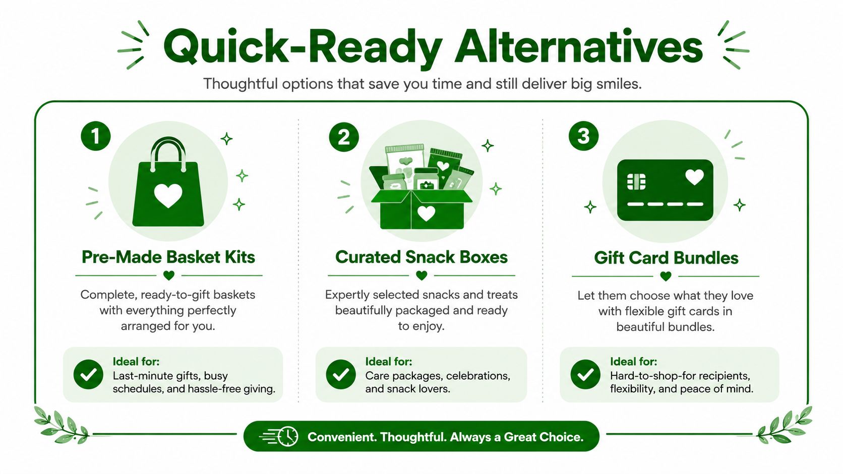 A graphic titled Quick-Ready Alternatives listing three gift options: pre-made basket kits, curated snack boxes, and gift card bundles.