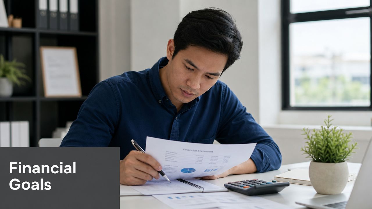 A professional man focused on reviewing financial statements and planning his budget at his office desk.