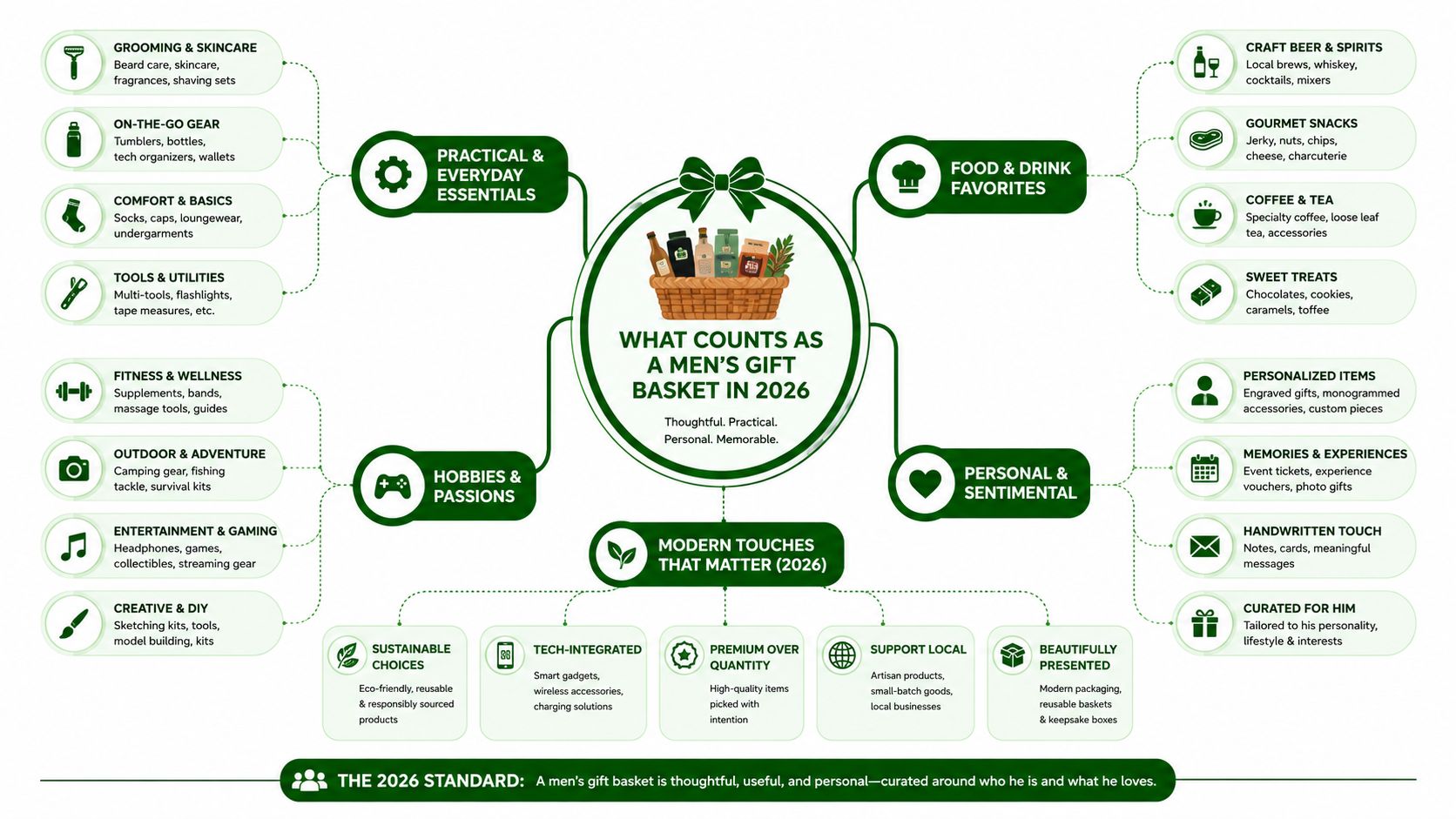 A detailed infographic titled What Counts as a Men's Gift Basket in 2026 outlining categories for personalized gifting.