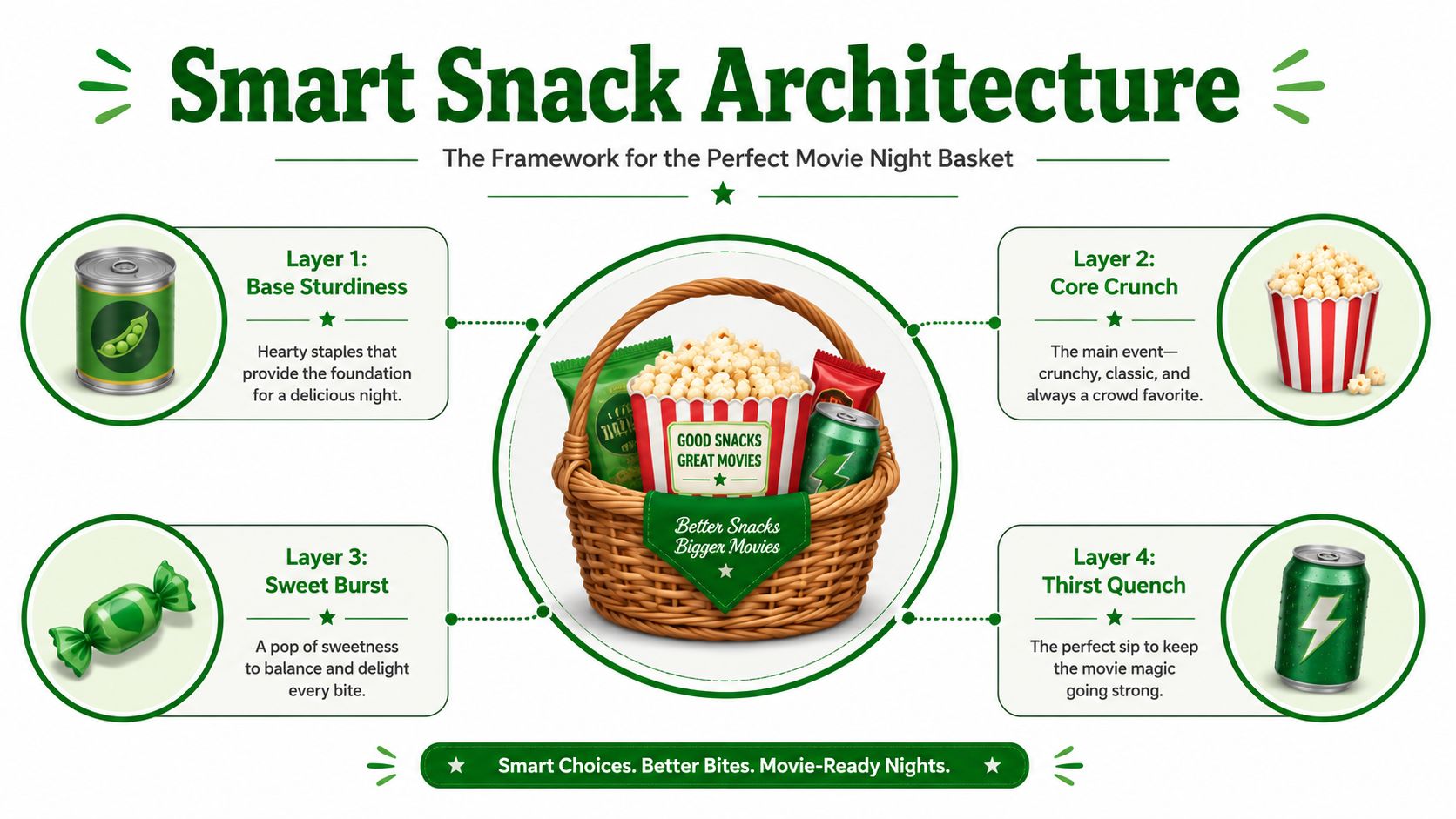 An infographic titled Smart Snack Architecture illustrating the four essential layers for building a perfect movie night basket.