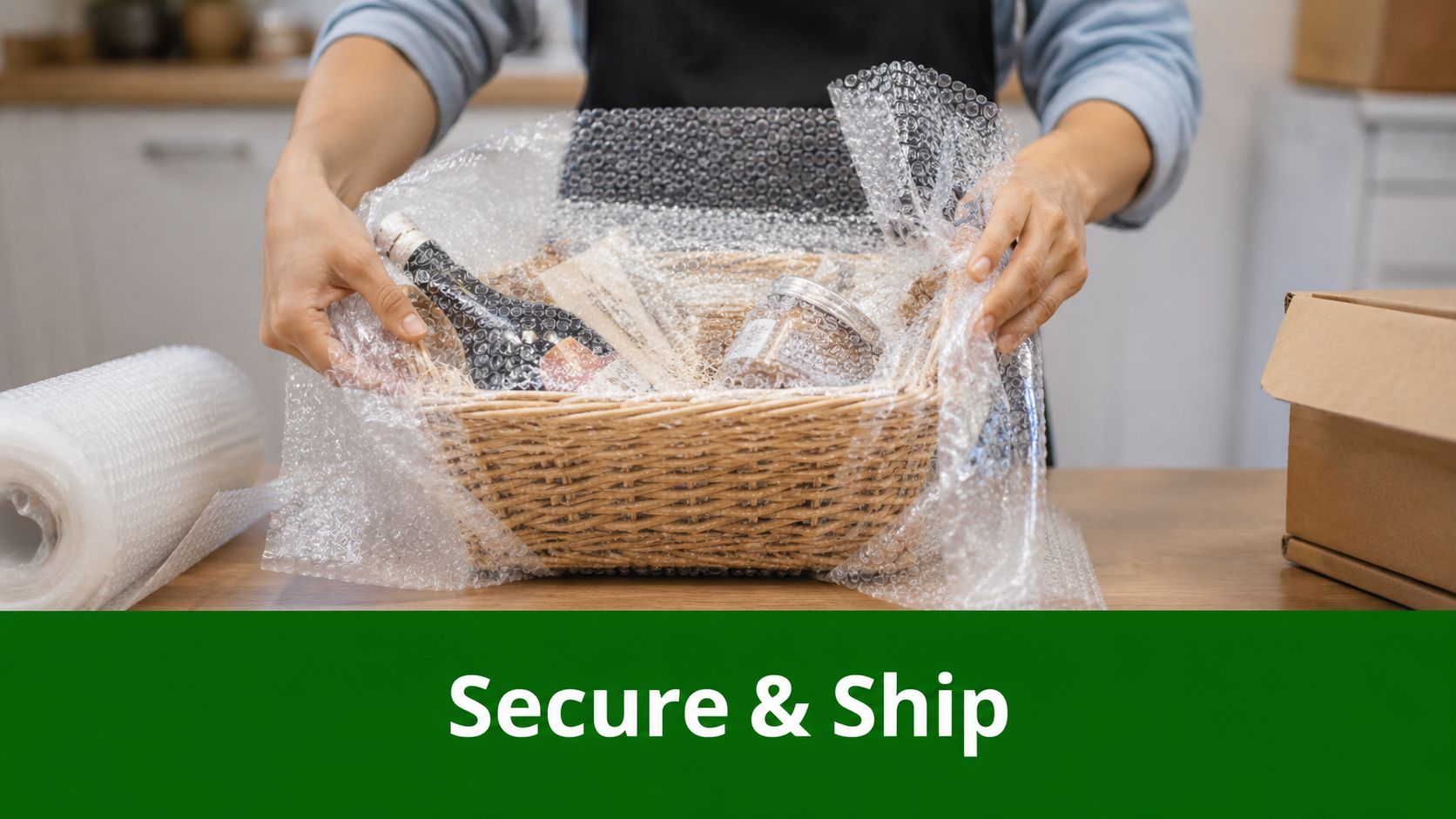 A person wrapping a movie night gift basket in bubble wrap for secure shipping on a table.
