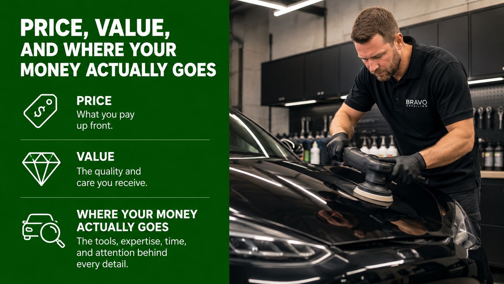 A professional car detailer in a black uniform polishing a dark car in a modern, organized workshop.