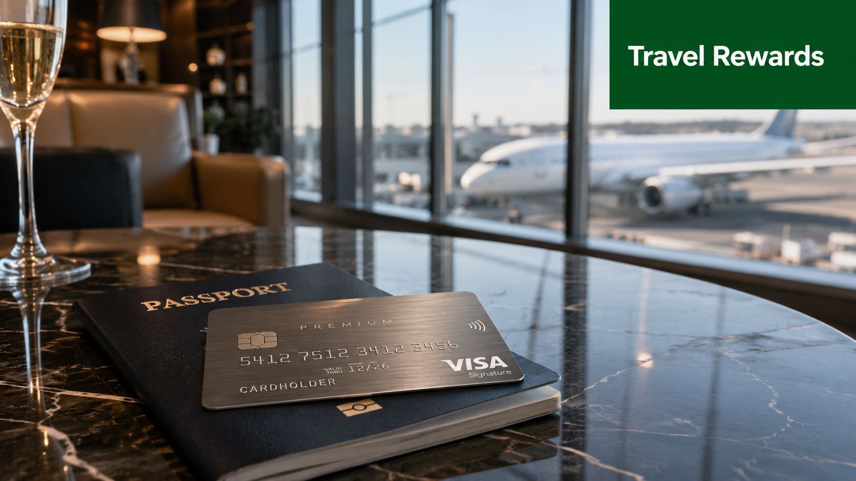 A premium credit card rests on a dark blue passport on a marble table at an airport lounge.
