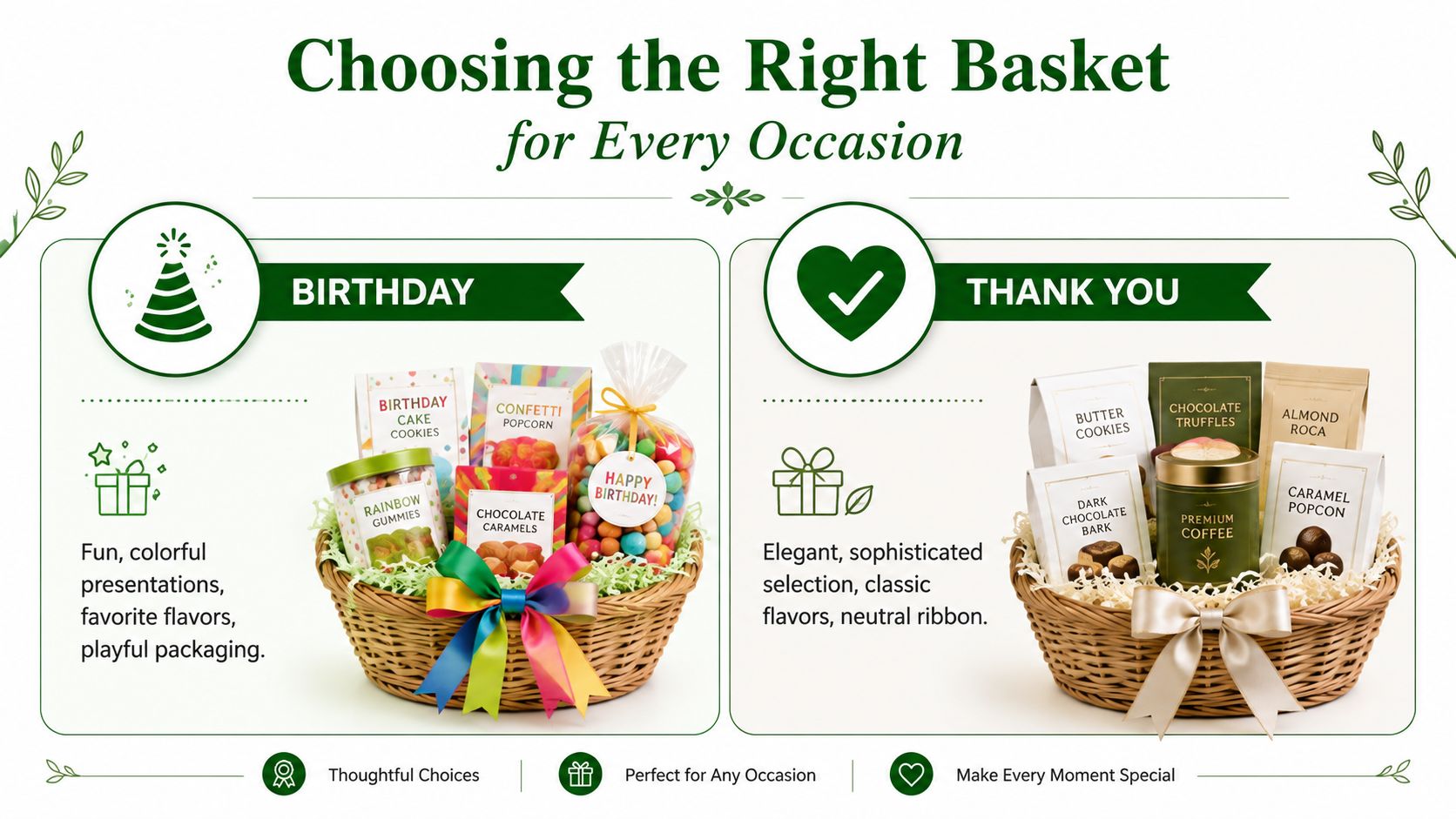A promotional graphic comparing two gift basket options: a vibrant birthday basket and an elegant thank you basket.
