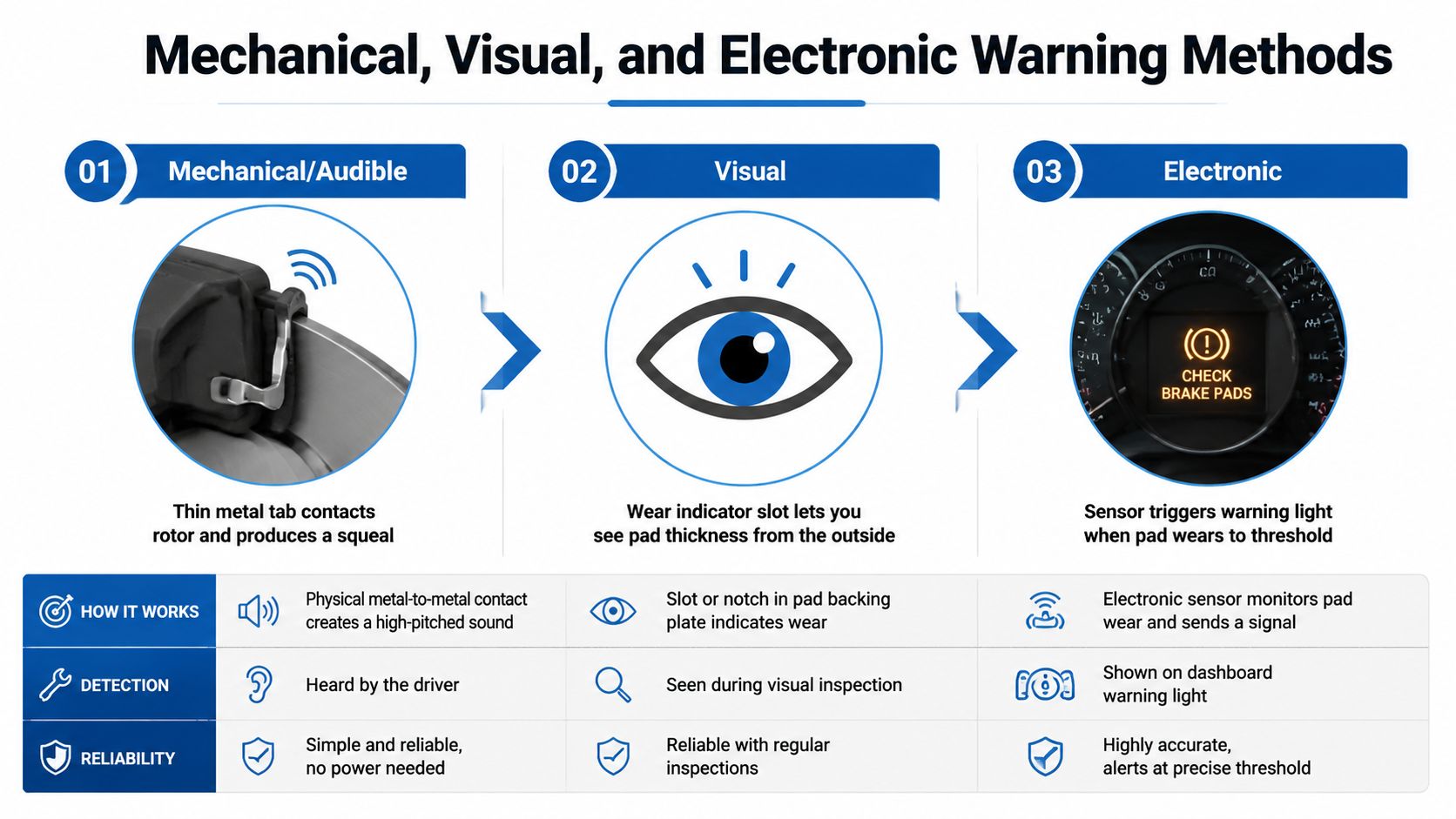 An infographic showing three methods for detecting brake pad wear: mechanical, visual, and electronic warning systems.