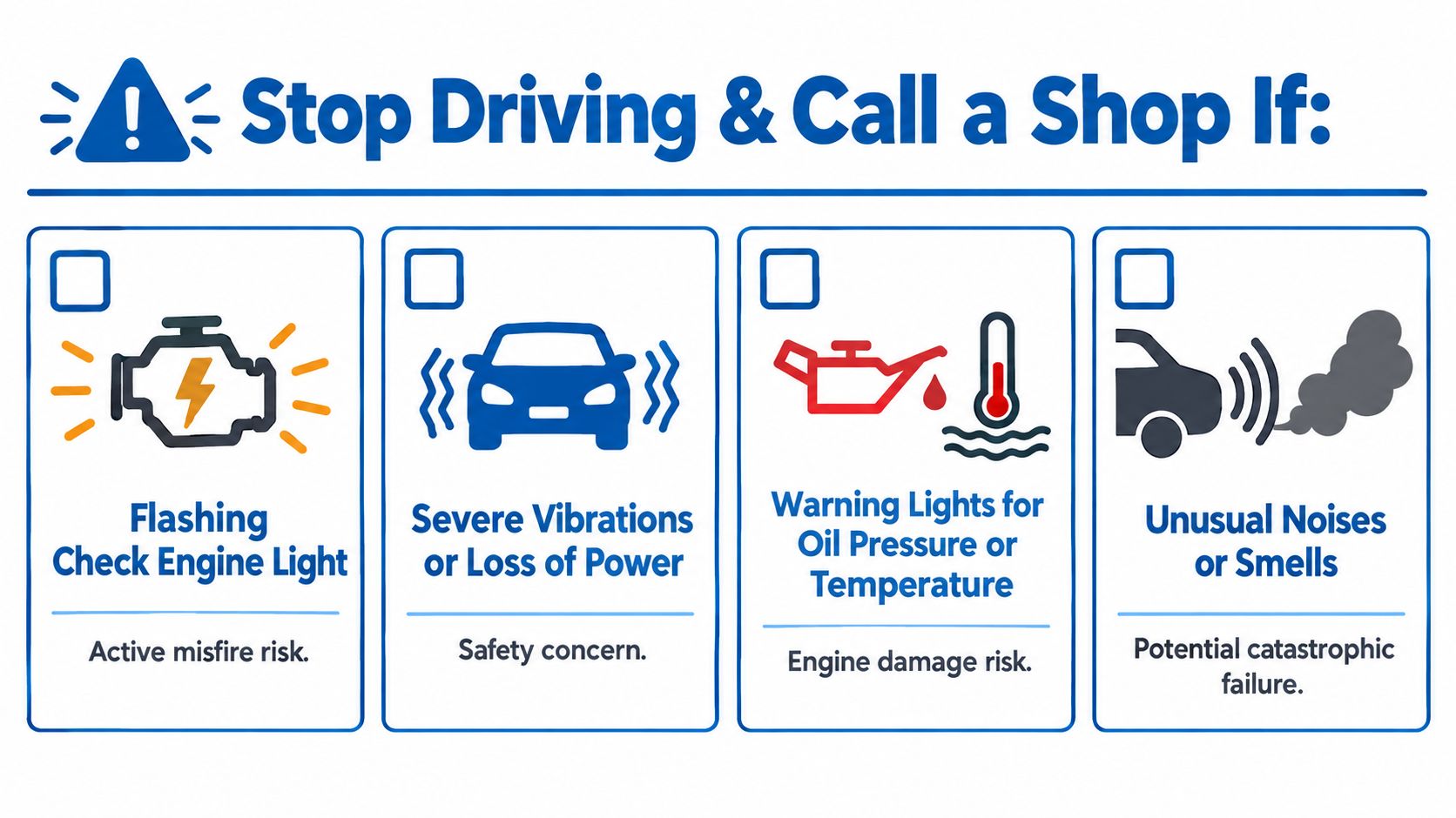 A safety infographic titled Stop Driving & Call a Shop If listing emergency car warning signs.