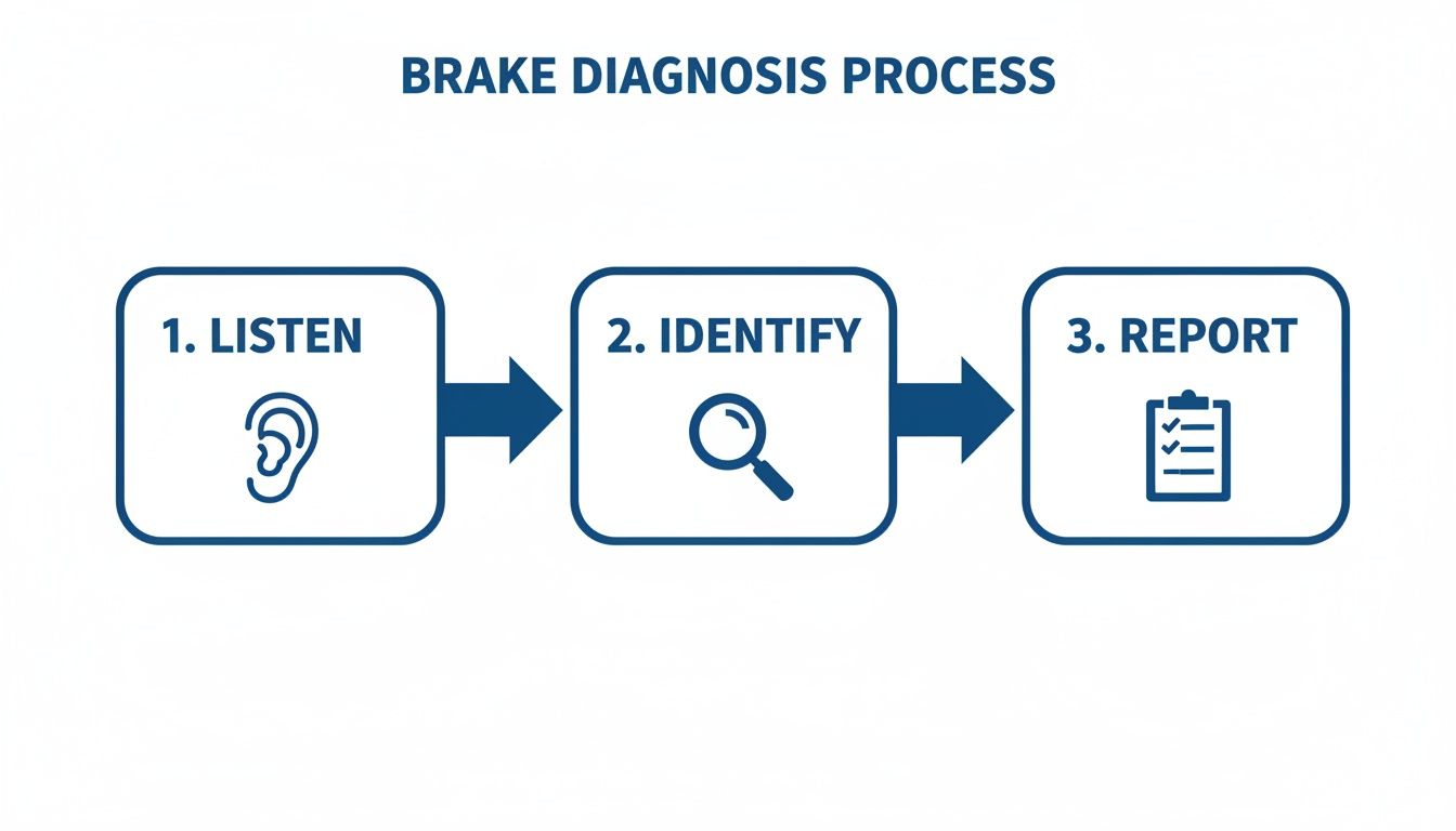 A three-step process for brake diagnosis showing Listen, Identify, and Report with descriptive icons.