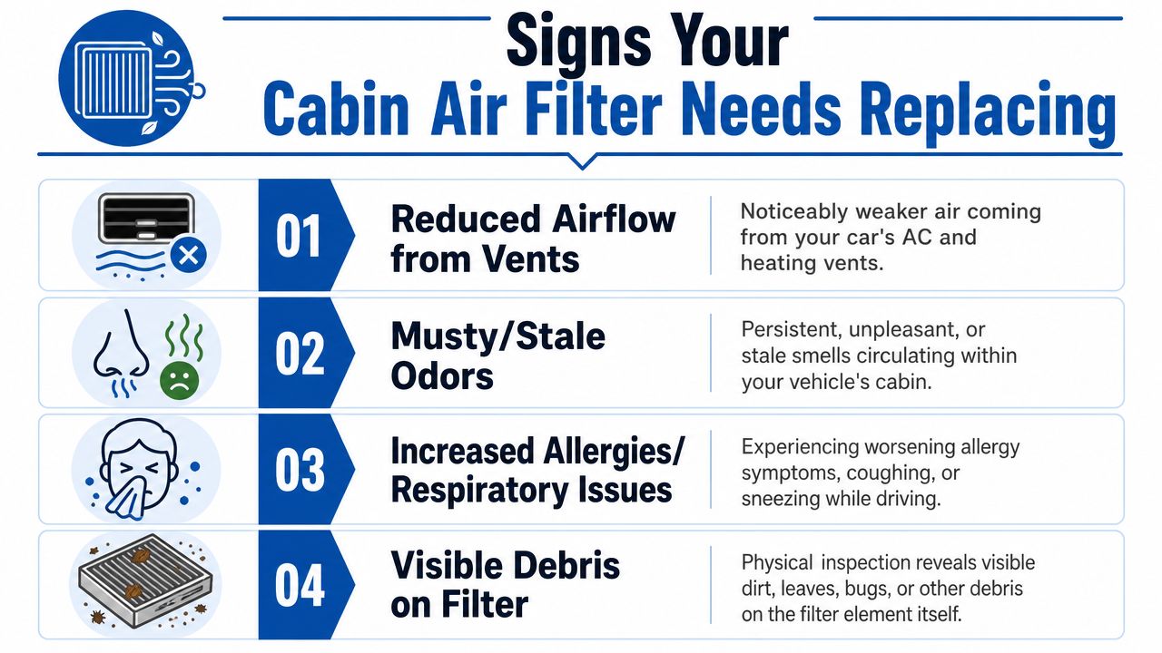An infographic illustrating four common signs that indicate a vehicle cabin air filter needs to be replaced.