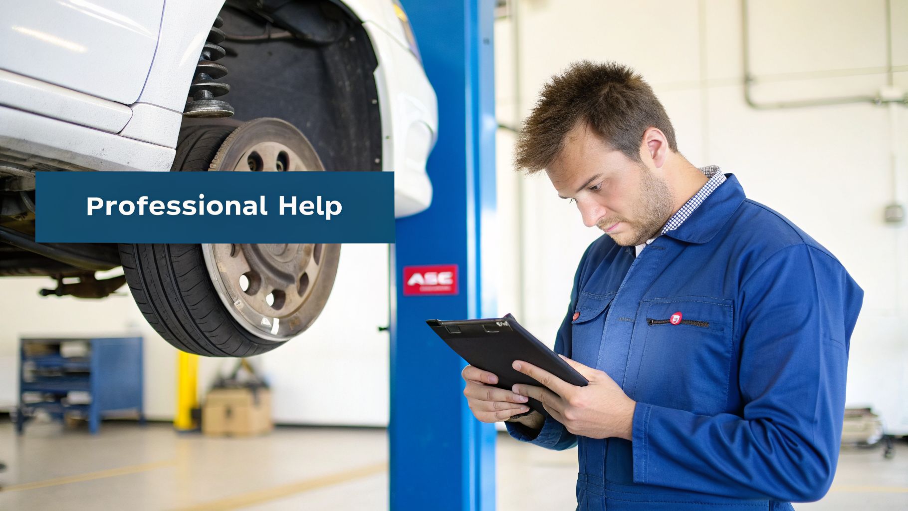 A mechanic in a blue uniform uses a tablet while inspecting a car lifted on a hoist, with 'Professional Help' text overlay.
