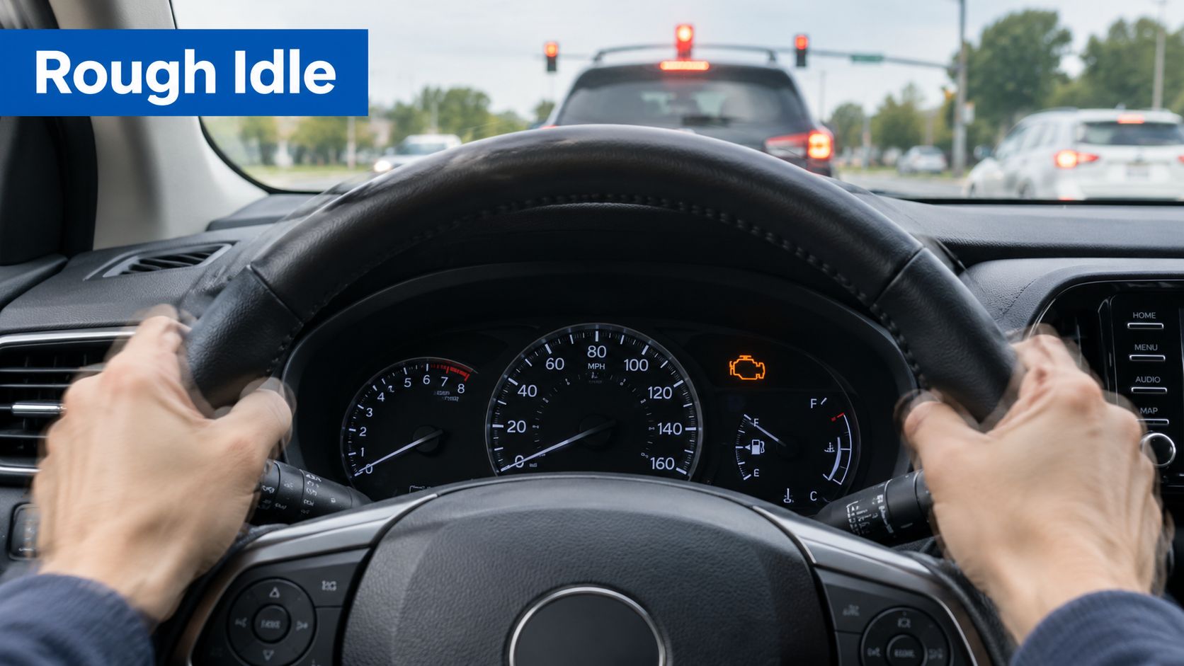 A driver holding a steering wheel while the car dashboard shows a check engine light on.