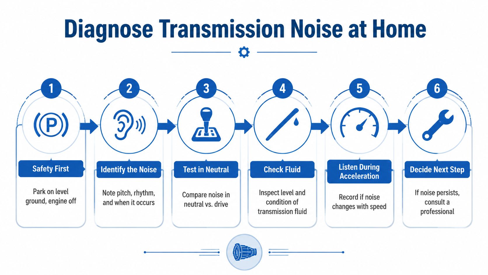 A six-step infographic guide on how to diagnose vehicle transmission noise safely at home.