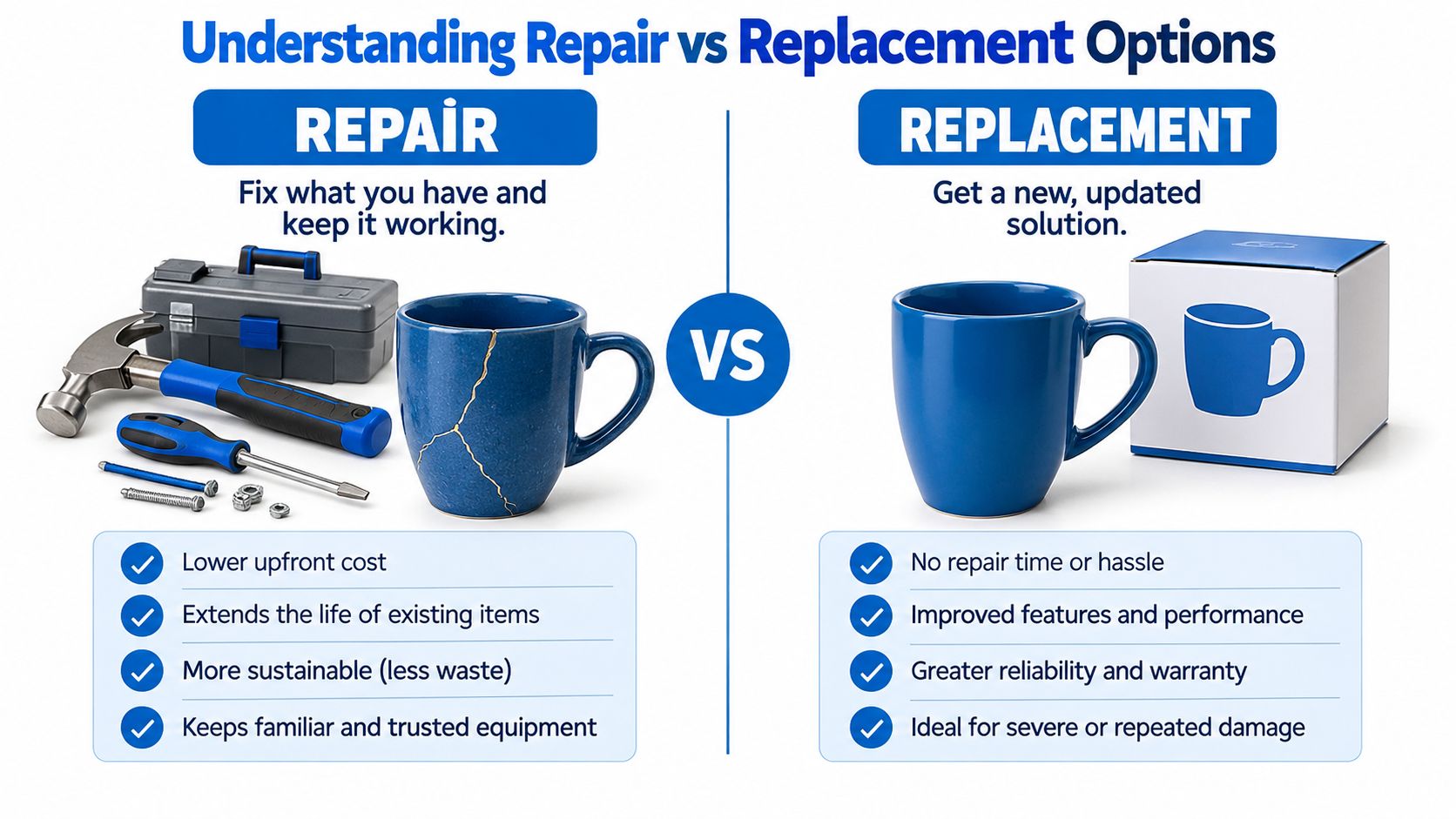 An infographic comparing the benefits of repairing versus replacing items using a mug as an example.