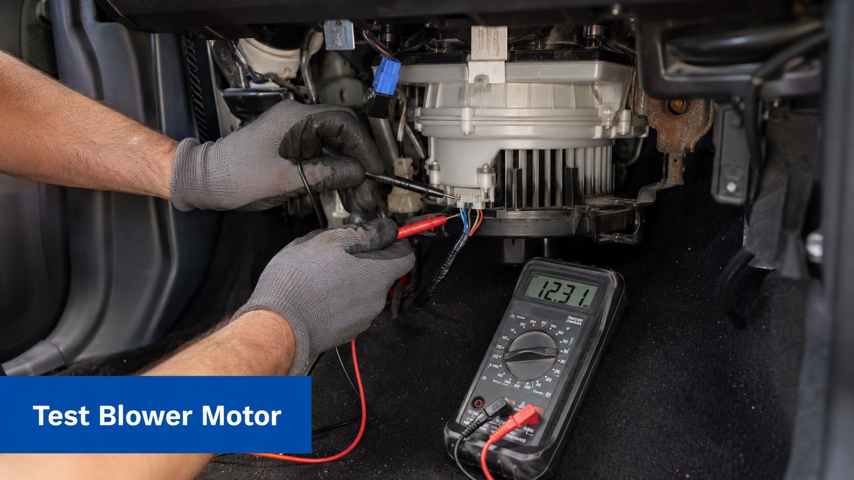 A mechanic wearing gloves uses a multimeter to test the electrical voltage of a car blower motor.