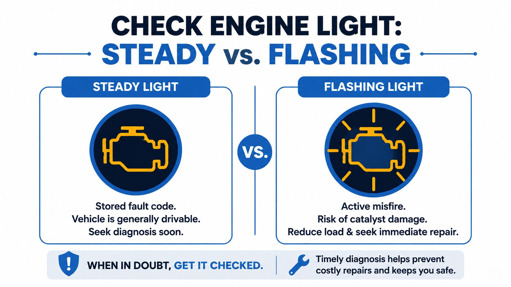 An infographic comparing the meaning of a steady versus a flashing check engine light on a car dashboard.