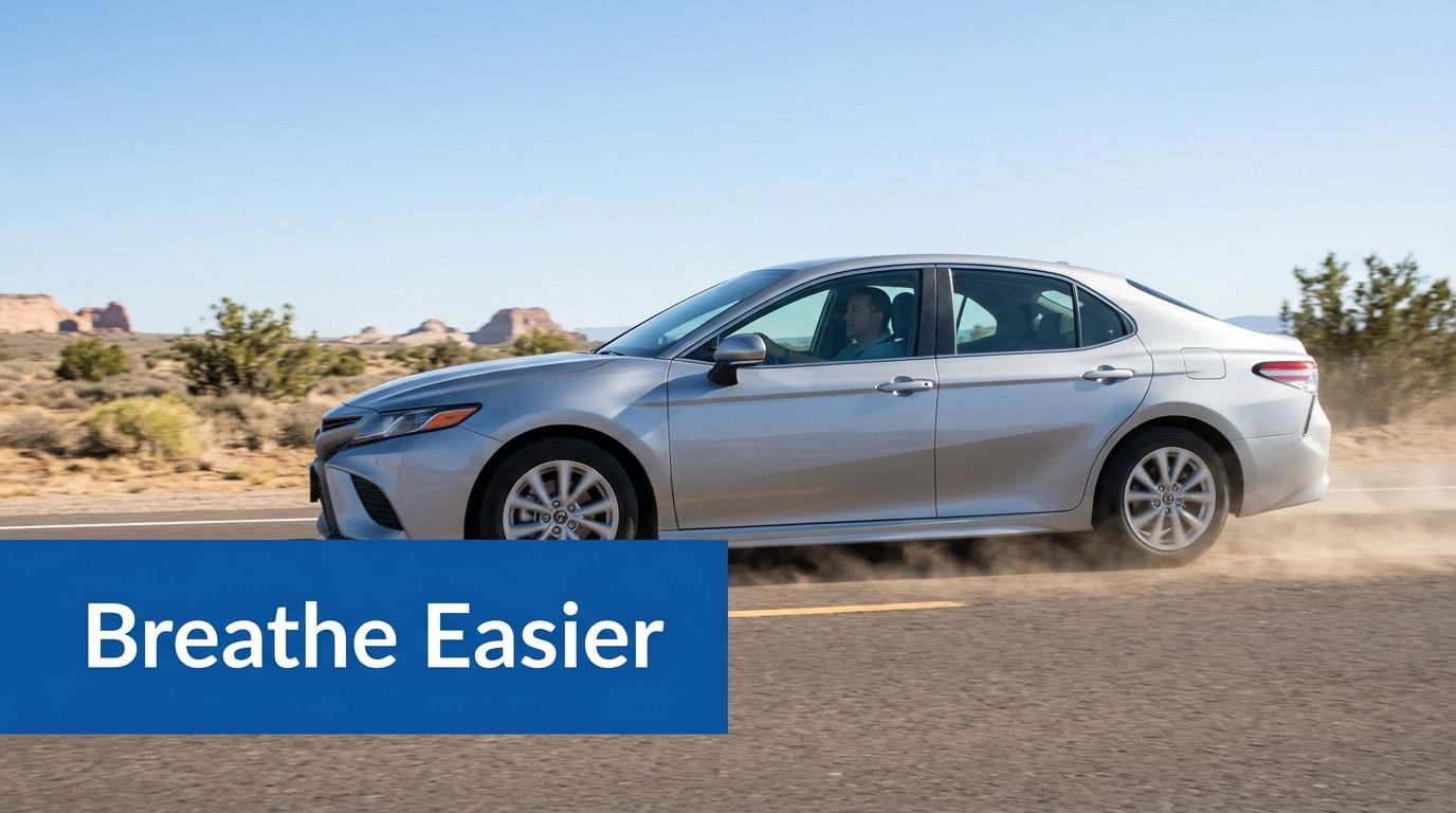 A silver Toyota Camry driving down a desert road, symbolizing fresh air and cabin air filter benefits.