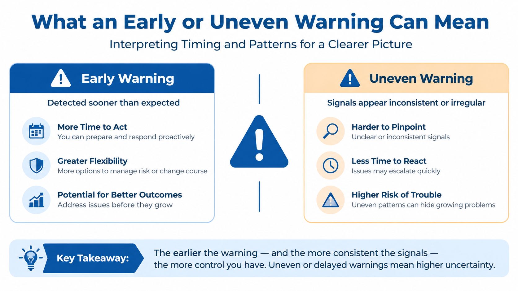 A chart comparing the significance of early versus uneven warning signs for effective risk management.