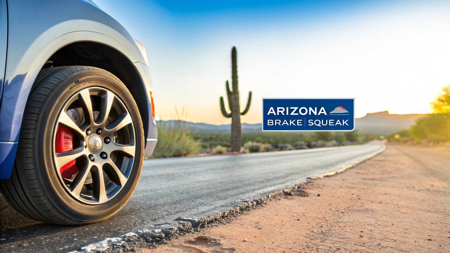 Blue car wheel, red brake caliper, desert road with saguaro cactus, and Arizona Brake Squeak logo at sunset.