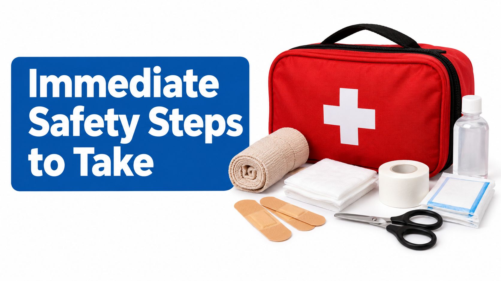 A first aid kit with medical supplies like bandages, tape, scissors, and antiseptic on a white background.
