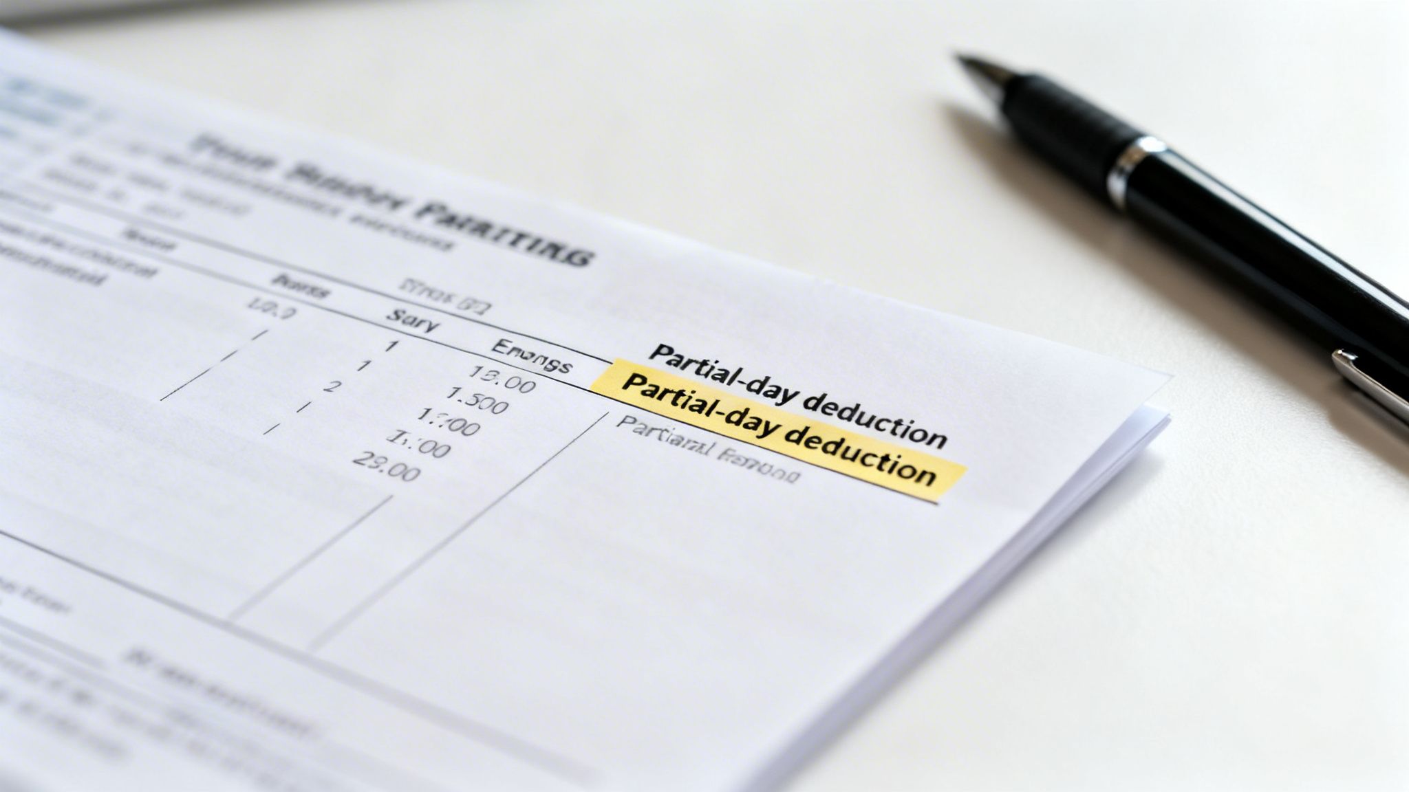 Close-up of a document with payroll information, highlighting 'Partial-day deduction' on a yellow sticky note, with a pen nearby.