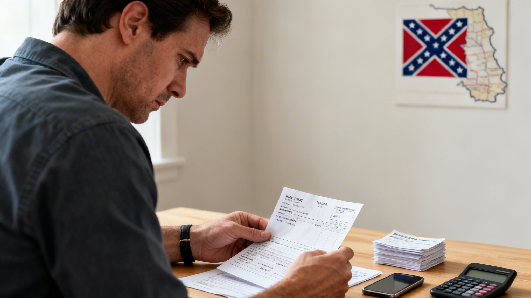 A man reviews financial documents at a desk, with a calculator and phone nearby.