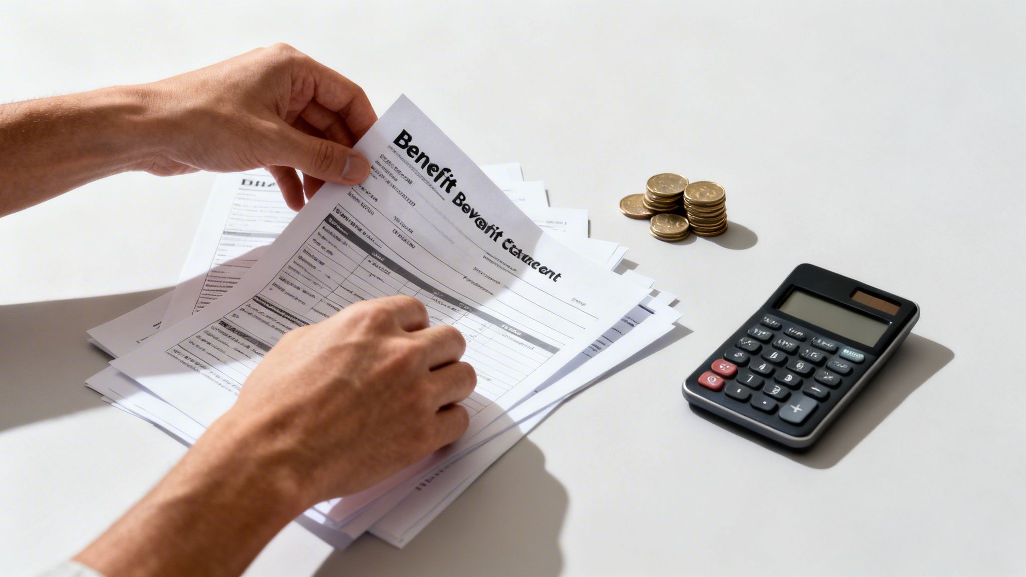 Hands reviewing benefit papers, a calculator, and stacks of coins on a desk.