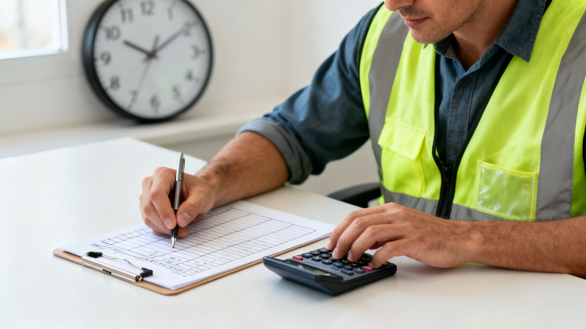 Man in a safety vest actively calculating on a calculator and writing on a clipboard.