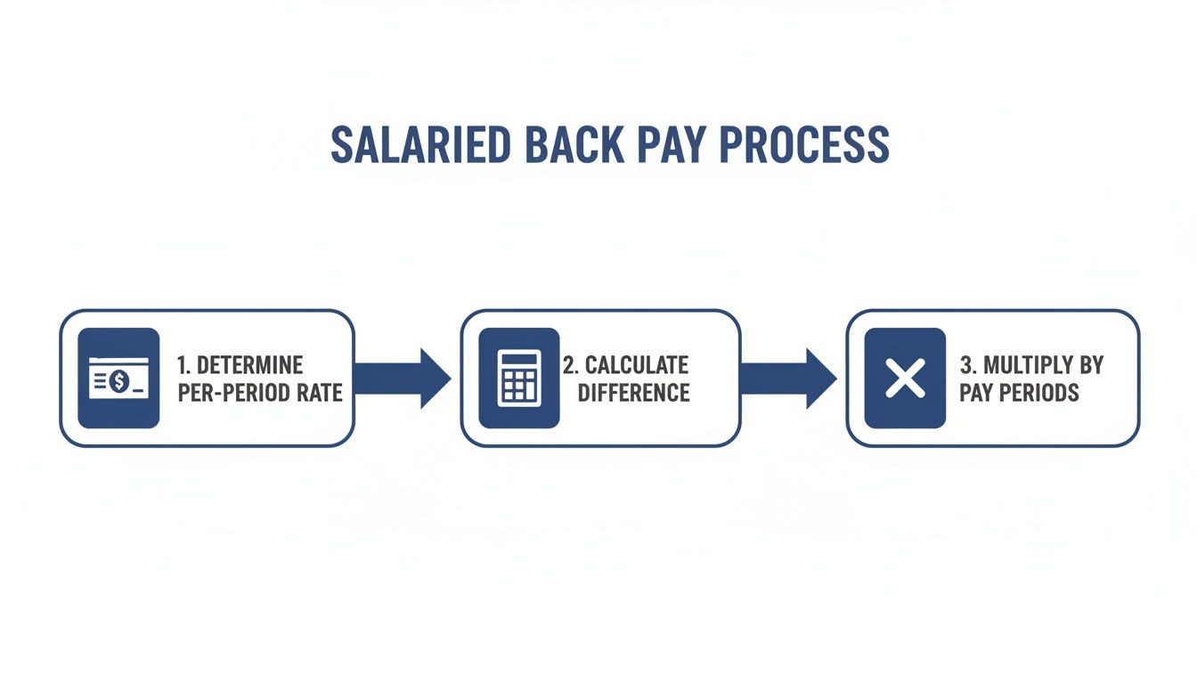 Flowchart detailing a three-step process for calculating salaried back pay accurately.