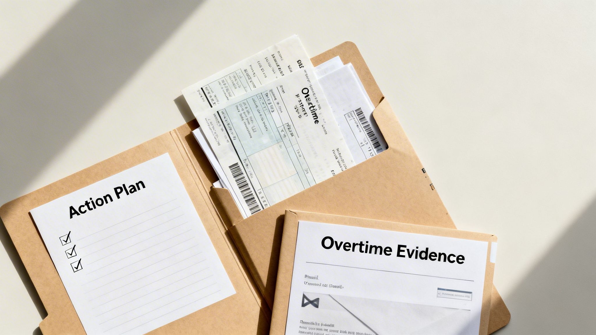 Two brown folders on a table, one with an 'Action Plan' checklist and the other labeled 'Overtime Evidence', containing various documents.