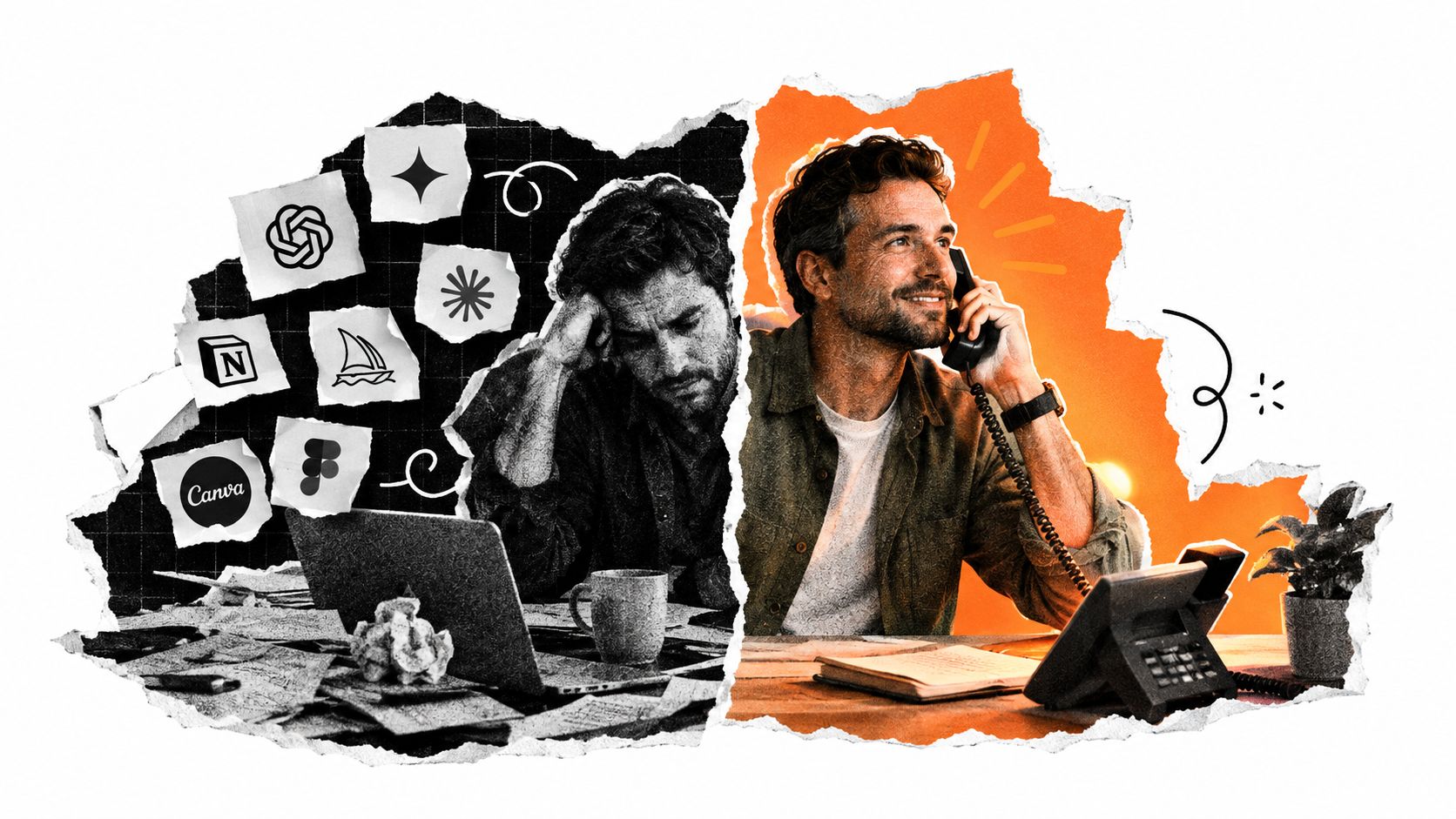 Ein zweigeteiltes Bild zeigt einen gestressten Mann bei der Arbeit und einen entspannten Mann beim Telefonieren.