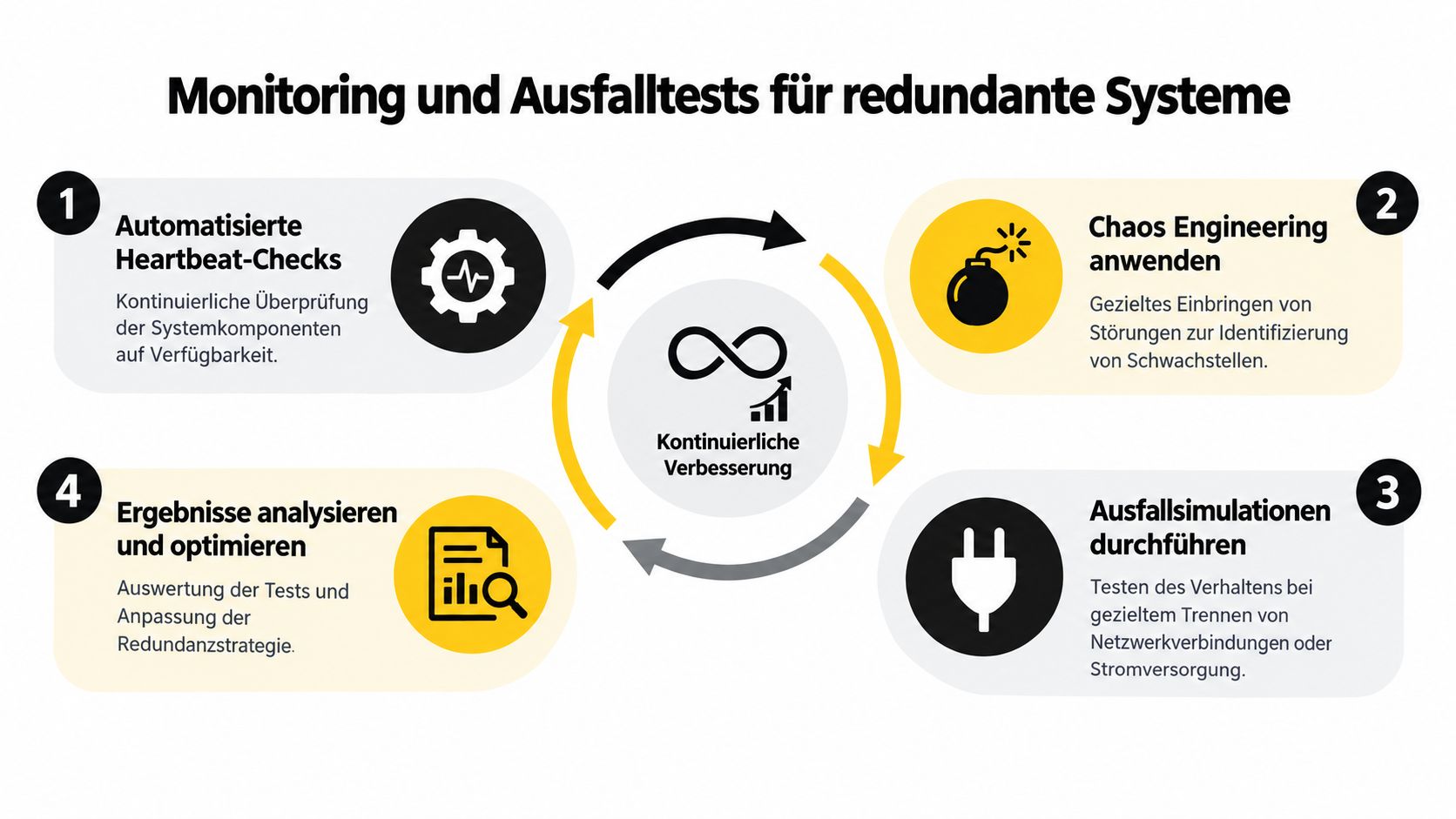 Ein Diagramm zur kontinuierlichen Verbesserung der Überwachung und Ausfalltests für redundante Systeme in IT-Infrastrukturen.