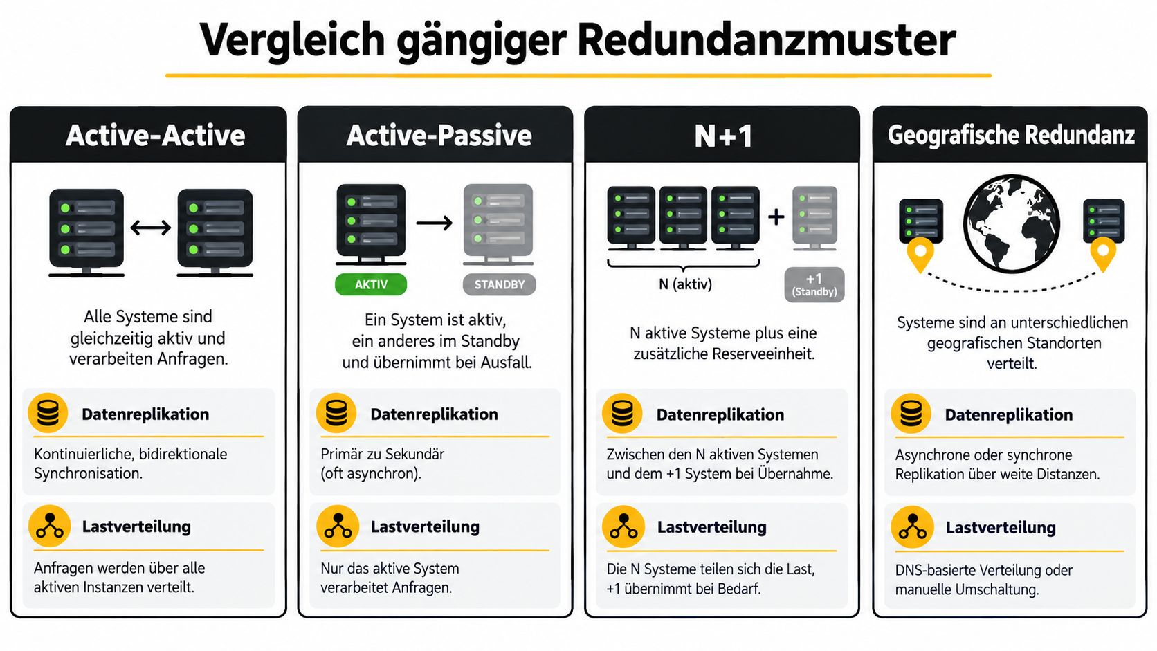 Vergleichsgrafik gängiger Redundanzmuster für IT-Systeme, einschließlich Active-Active, Active-Passive, N+1 und geografischer Redundanz bei der Datenspeicherung.