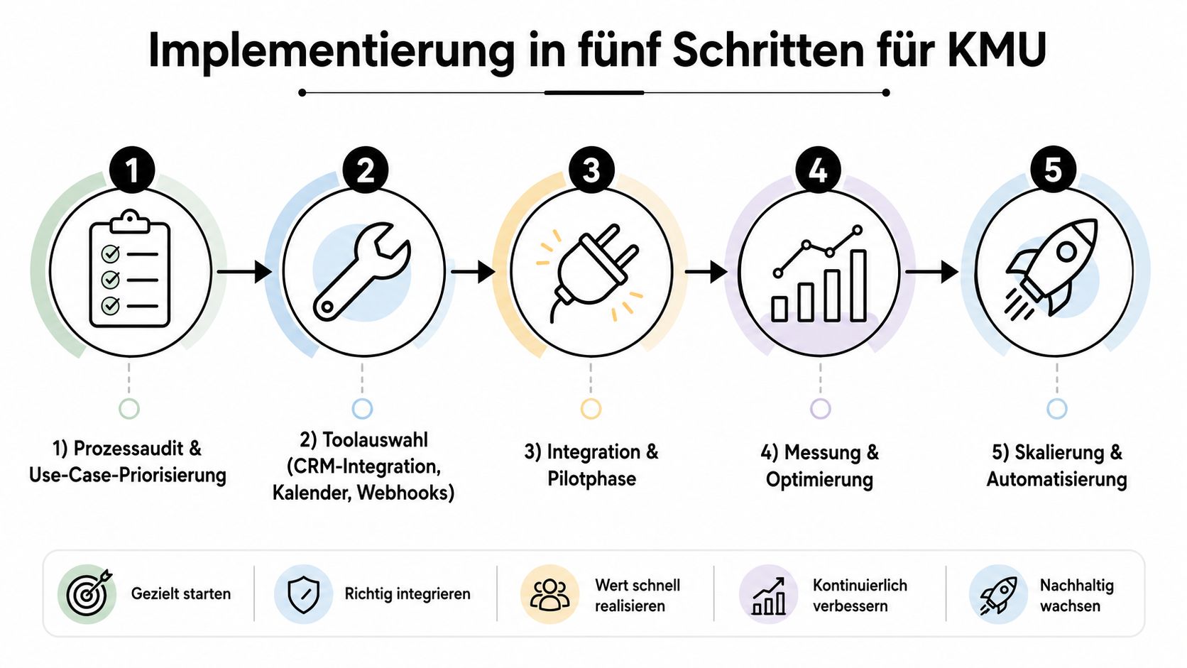 Eine Infografik zur Implementierung von Unternehmensprozessen für KMU in fünf strukturierten und übersichtlichen Schritten.