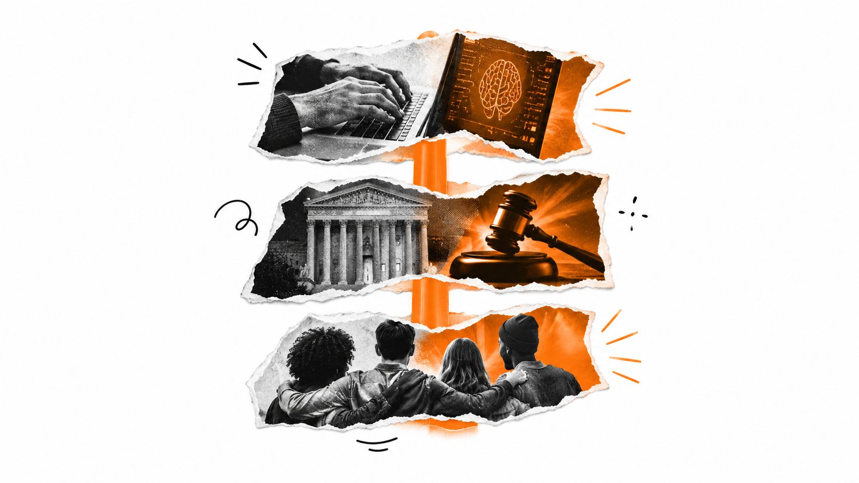 Eine kreative Illustration über die Schnittstelle von künstlicher Intelligenz, rechtlichen Aspekten und menschlicher Zusammenarbeit im professionellen Umfeld.