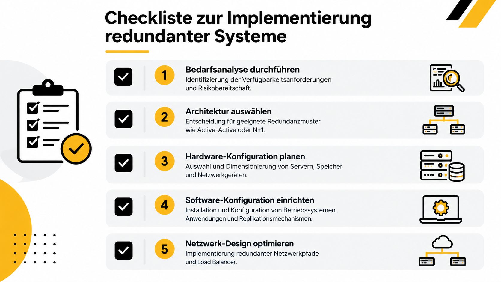 Eine Checkliste zur Implementierung redundanter Systeme mit fünf aufeinanderfolgenden Schritten für technische Zuverlässigkeit und Datenverfügbarkeit.