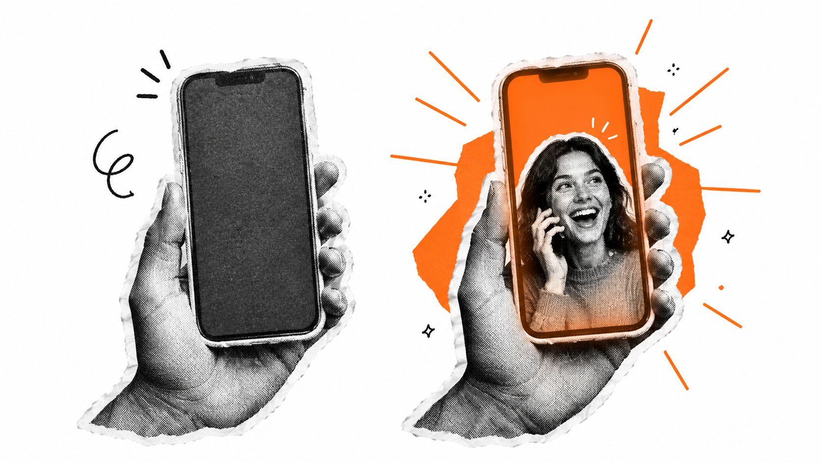 Eine menschliche Hand hält ein Smartphone mit leerem Bildschirm neben einer Hand mit einem Videocall-Erlebnis.