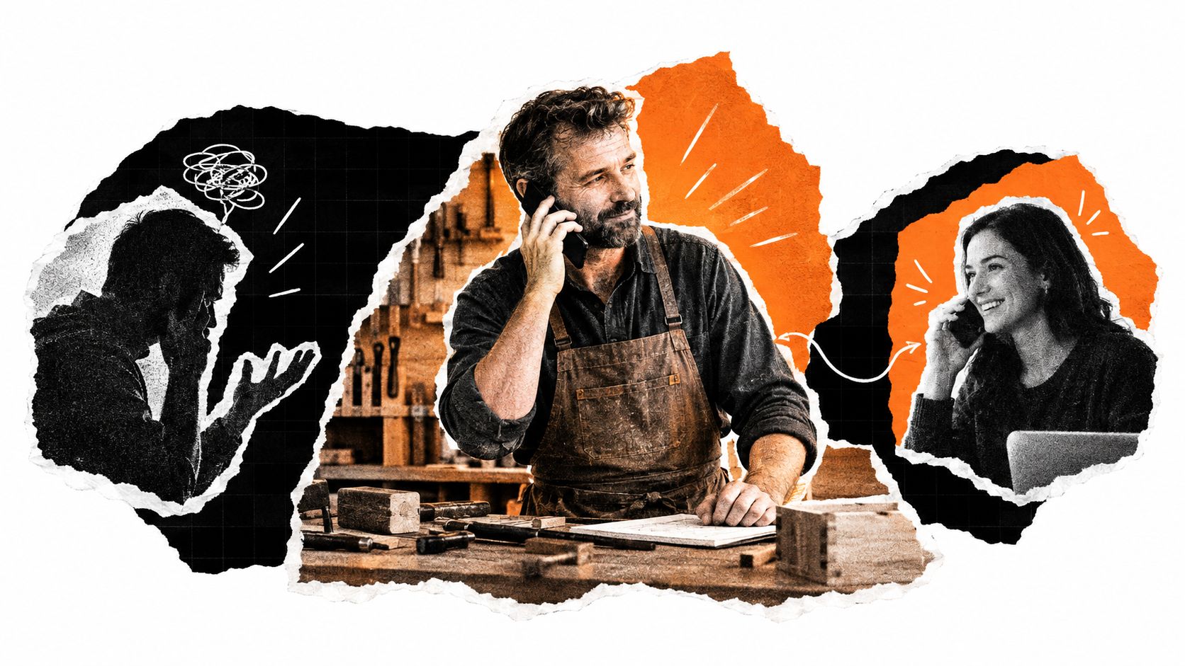 Ein Handwerker telefoniert in seiner Werkstatt und verbindet sich mit einem gestressten Kunden und einer freundlichen Mitarbeiterin.