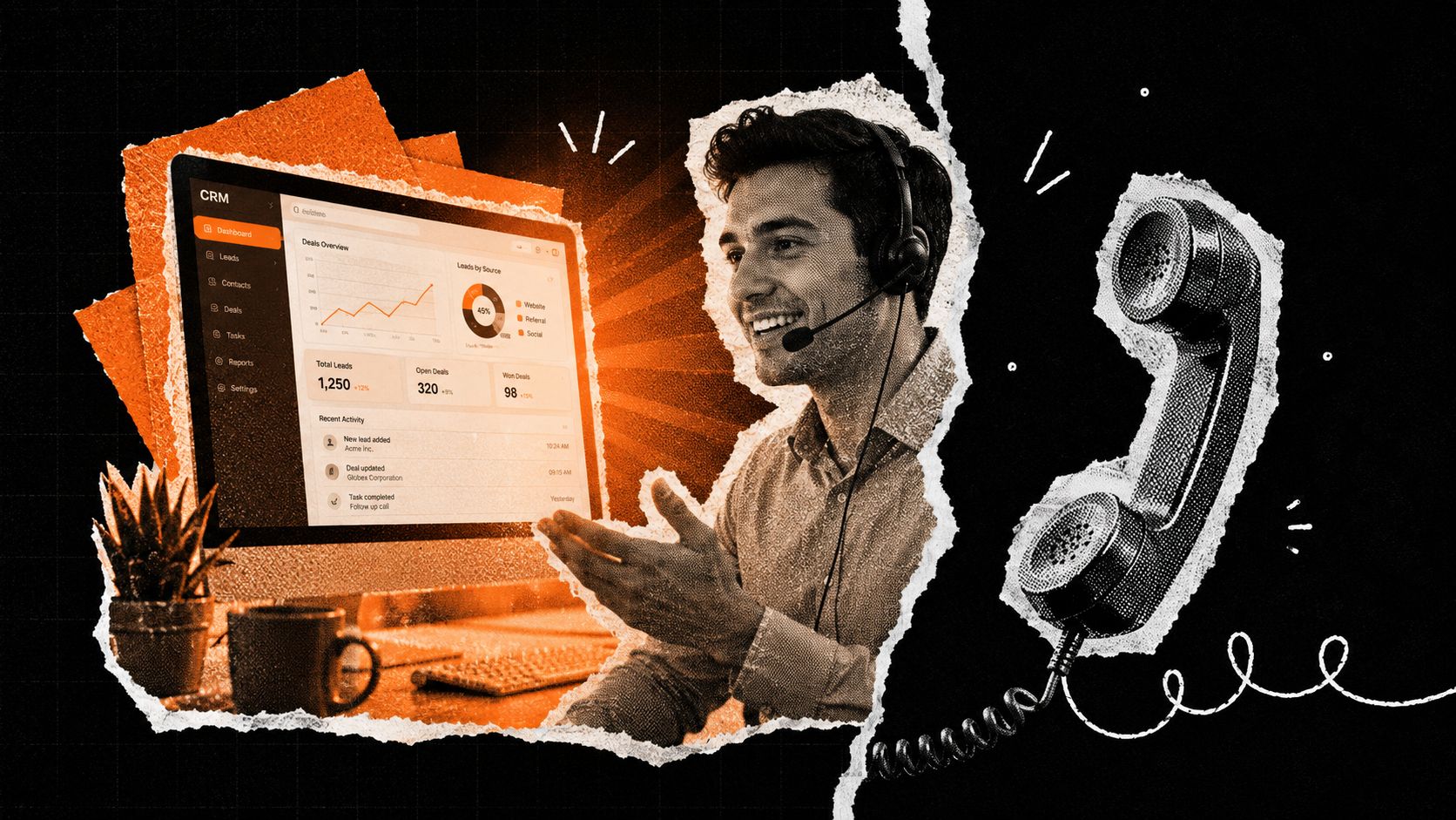 Ein Kundendienstmitarbeiter mit Headset spricht am Computer in einem modernen Büro mit CRM-Software im Hintergrund.