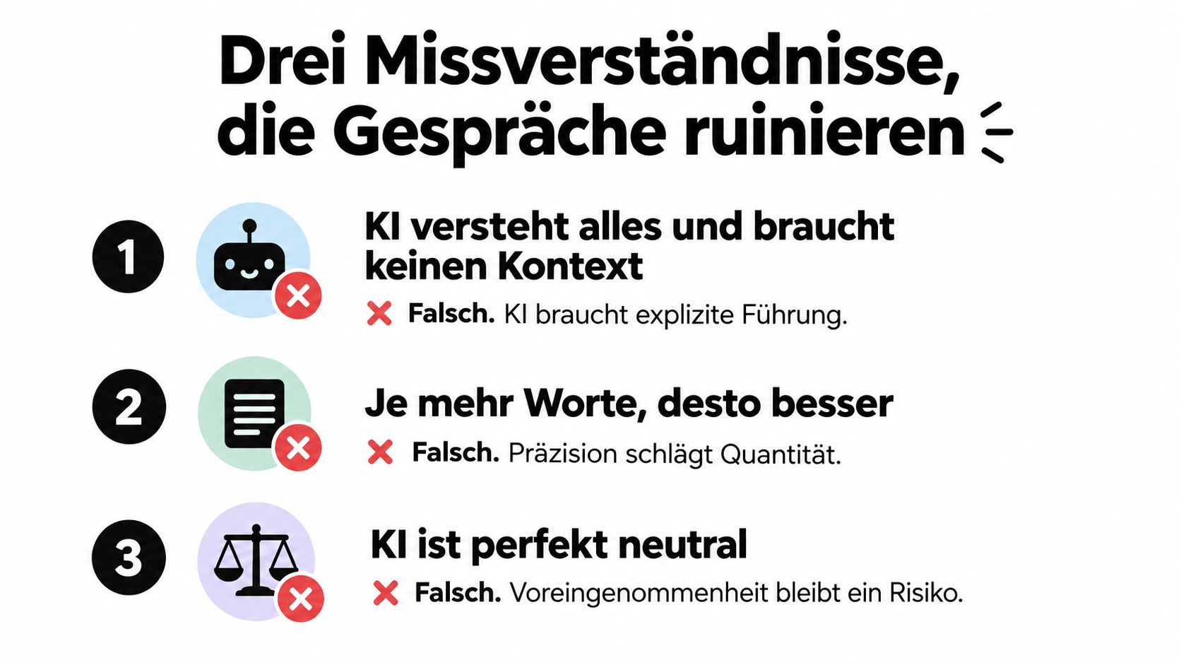 Grafik mit drei verbreiteten Missverständnissen über KI, die in Gesprächen zu Problemen führen können.
