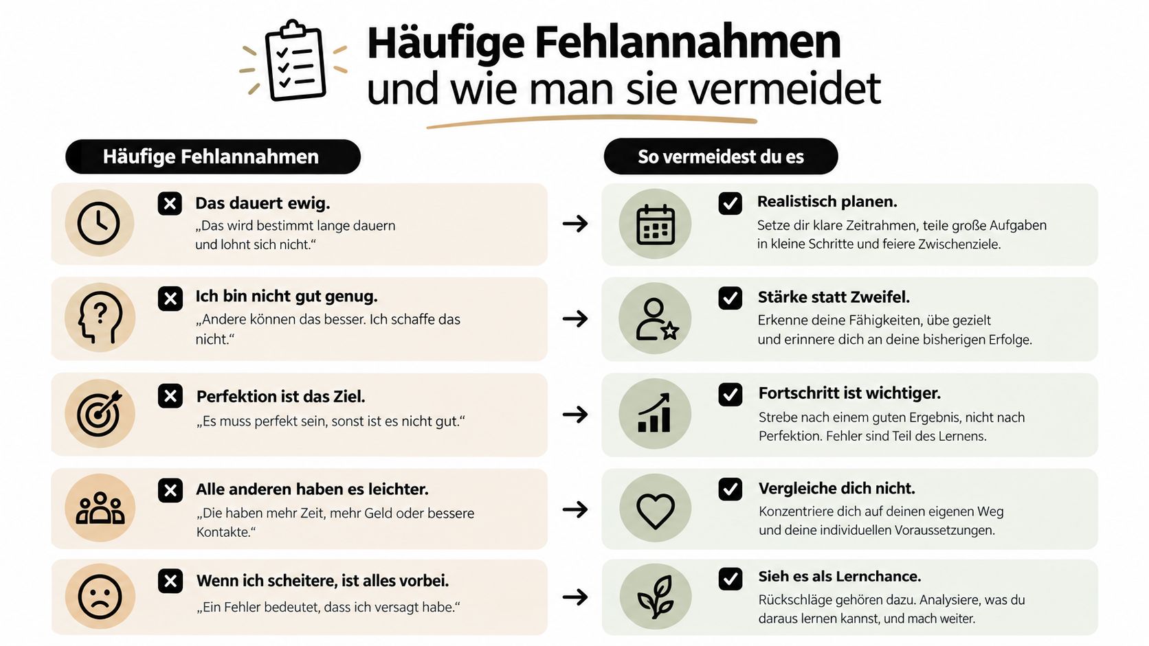 Eine Infografik, die häufige negative Glaubenssätze auflistet und praktische Lösungsansätze für eine positive Denkweise bietet.