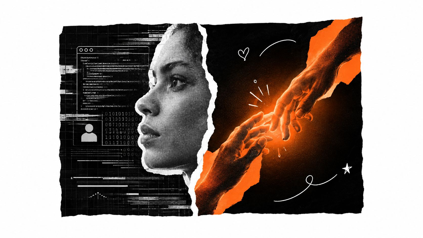 Eine künstlerische Collage mit einem menschlichen Gesicht, digitalem Code und zwei sich berührenden Händen in orangefarbenem Licht.
