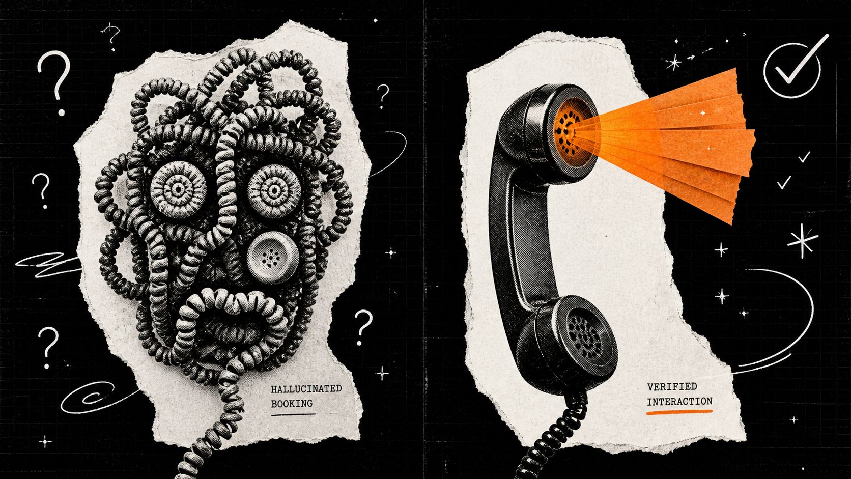 Zwei gegenübergestellte Illustrationen zeigen einen verworrenen Telefonhörer als halluzinierte Buchung und ein klares, verifiziertes Telefongespräch mit Signaleffekt.