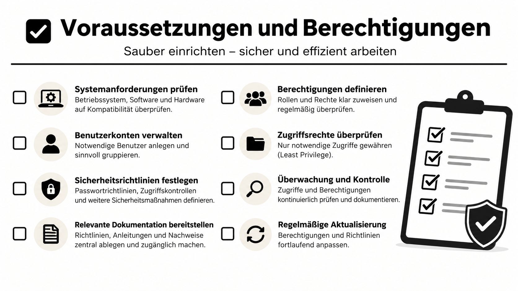 Eine Infografik mit dem Titel Voraussetzungen und Berechtigungen, die wichtige Schritte für IT-Sicherheit und Benutzerverwaltung darstellt.