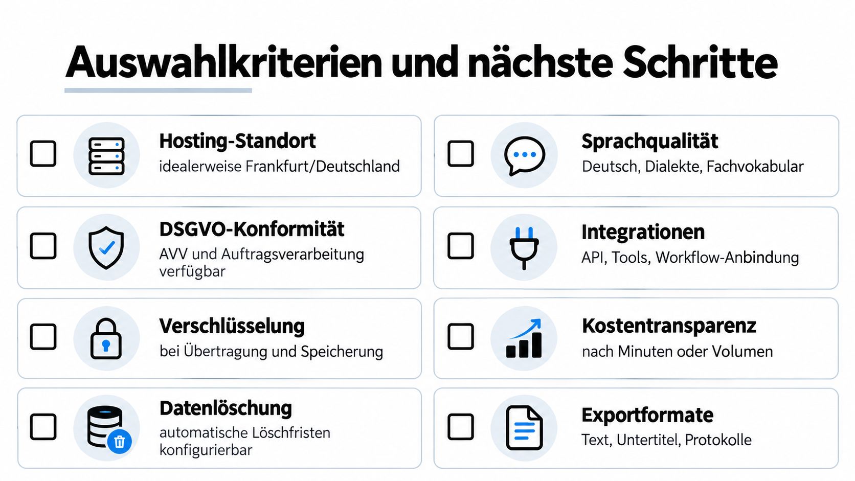 Eine Checkliste mit Auswahlkriterien für die Entscheidung bei KI-gestützter Audio-zu-Text-Software für Unternehmen.