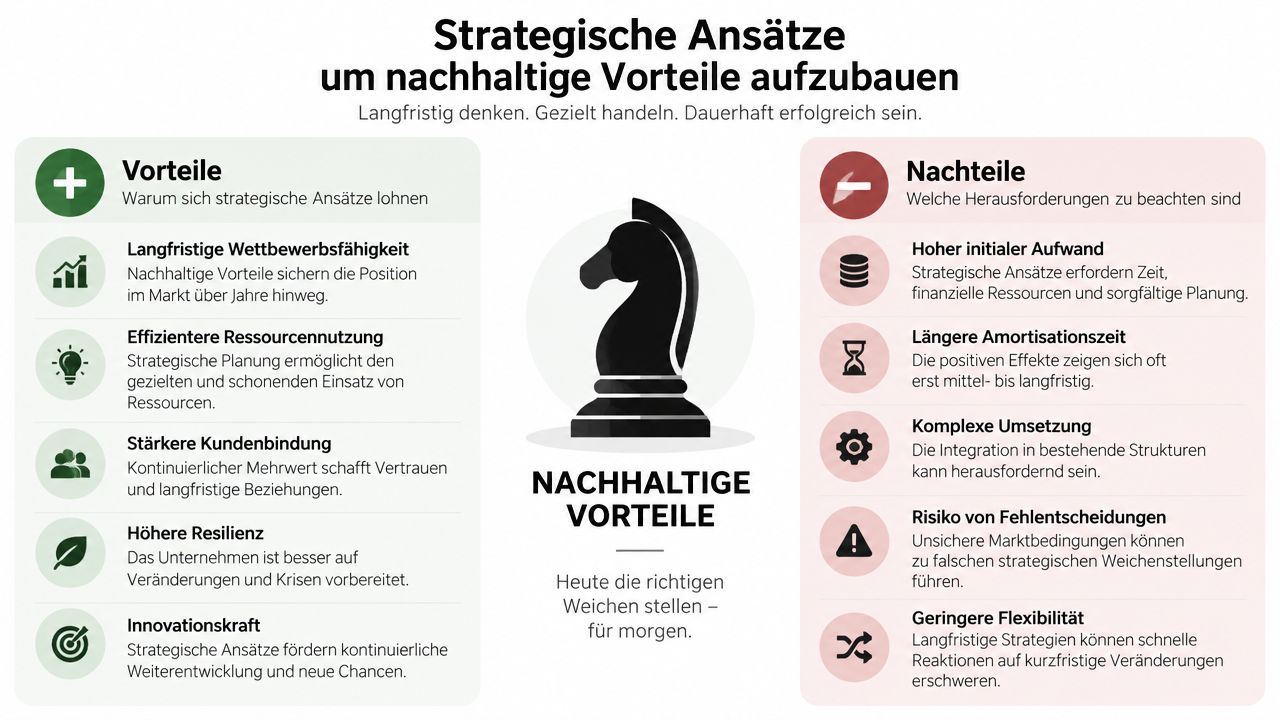 Eine Infografik über strategische Ansätze zur Schaffung nachhaltiger Wettbewerbsvorteile mit deren Vor- und Nachteilen für Unternehmen.