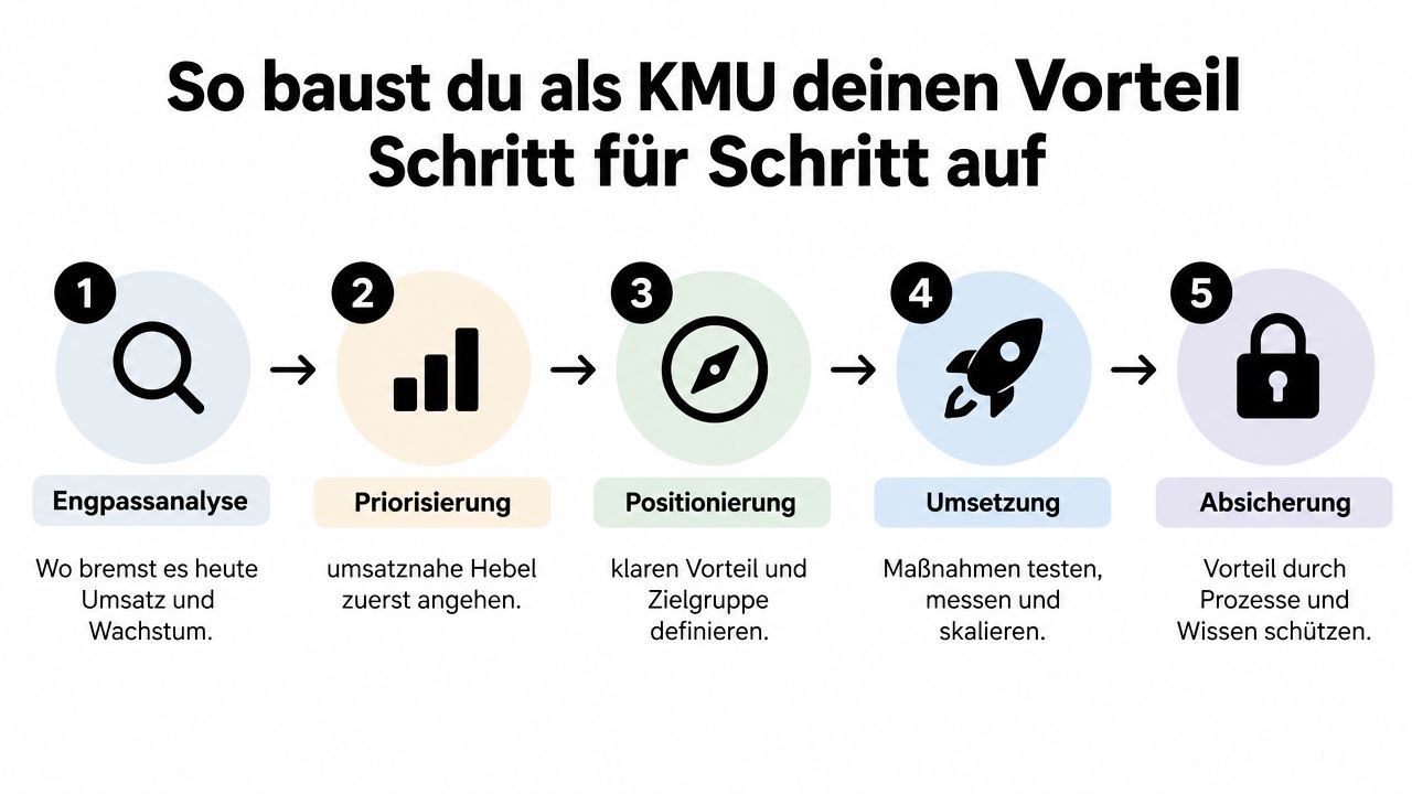 Eine fünfstufige Infografik, die zeigt, wie KMUs schrittweise ihren Wettbewerbsvorteil aufbauen und nachhaltig sichern können.